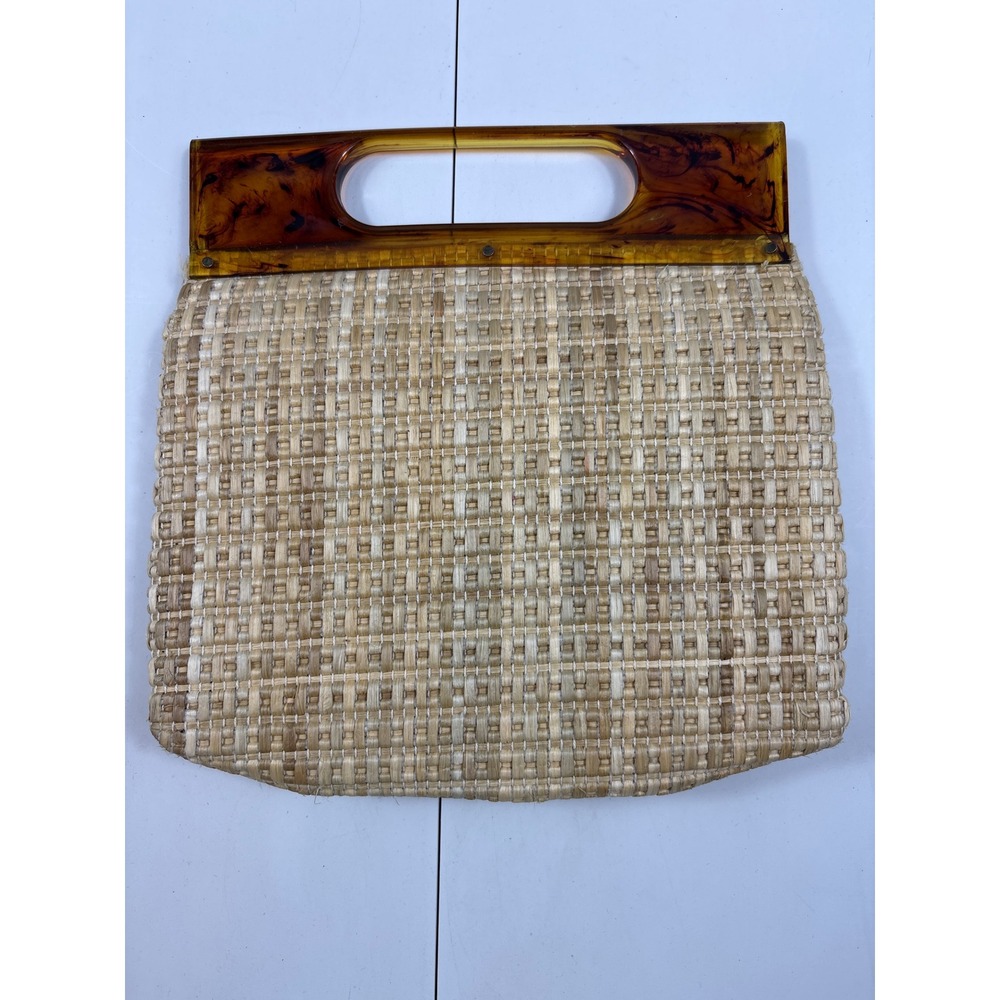 Vintage Woven Straw Handbag Tortoiseshell Acrylic Handle Crossbody Clutch Tan - Picture 4 of 8